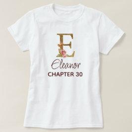 バースデーにゴールドのイニシャルEモノグラムとピンクのバラ Tシャツ