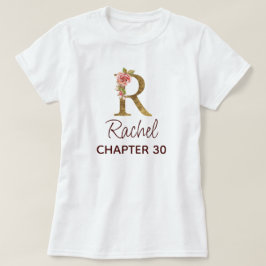 バースデーにゴールドイニシャル「R」とピンクのバラのデザイン Tシャツ