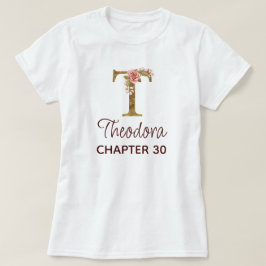 バースデーにゴールドイニシャルTモノグラムとピンクのバラ Tシャツ