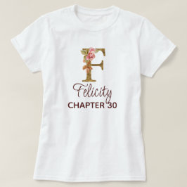 バースデーにピンクのバラとゴールドのイニシャルFモノグラム Tシャツ