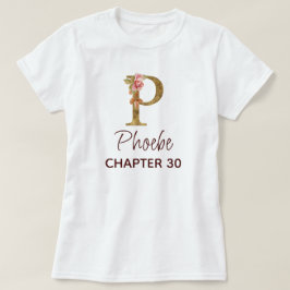 バースデーにピンクのバラとゴールドのイニシャルPモノグラム Tシャツ