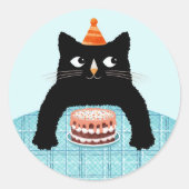 バースデーねこ ワイト バースデーケーキと帽子 スクエアステッカー ラウンドシール (正面)