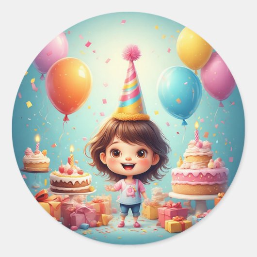 🎂 バースデーガールケーキのお祝い ラウンドシール (正面)