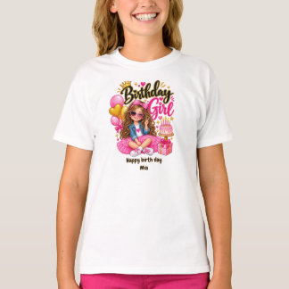 バースデーガールTシャツ 可愛いピンクとゴールドの誕生日 Tシャツ