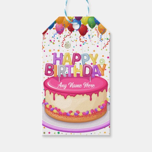 バースデーケーキバルーンとコンフェッティ ギフトタグ (正面)
