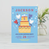 バースデーケーキ招待ブルーボーイズ風船パーティー 招待状 (スタンド正面)