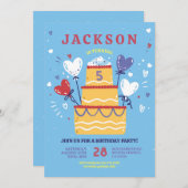バースデーケーキ招待ブルーボーイズ風船パーティー 招待状 (正面/裏面)