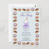 バースデーティーパーティー招待状バニーとドーナツ ポストカード (正面/裏面)