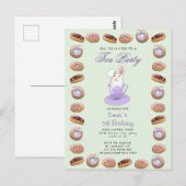 バースデーティーパーティー招待状バニーとドーナツ ポストカード (正面/裏面)