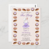 バースデーティーパーティー招待状バニーとドーナツ ポストカード (正面/裏面)