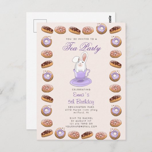 バースデーティーパーティー招待状バニーとドーナツ ポストカード (正面/裏面)