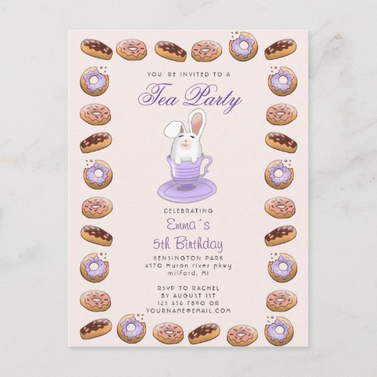 バースデーティーパーティー招待状バニーとドーナツ ポストカード (正面)