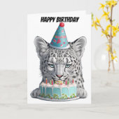 バースデーハットをかぶったスノーレオパード カード (黄色い花)