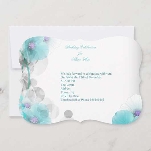 バースデーパーティかわいらしフローラティール（緑がかった色）ホワイトバタフライ 招待状 (裏面)