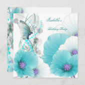 バースデーパーティかわいらしフローラティール(緑がかった色)ホワイトバタフライ 招待状 (正面/裏面)