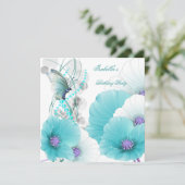 バースデーパーティかわいらしフローラティール(緑がかった色)ホワイトバタフライ 招待状 (スタンド正面)