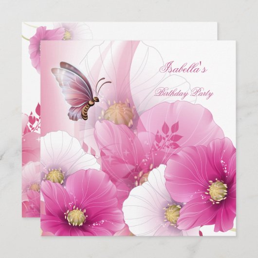 バースデーパーティかわいらしフローラピンクホワイトバタフライ 招待状 (正面/裏面)