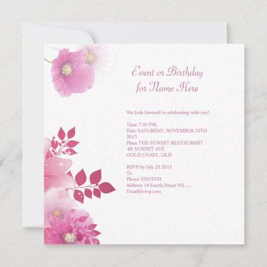 バースデーパーティかわいらしフローラピンクホワイトバタフライ 招待状 (裏面)