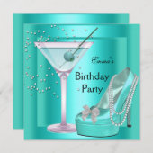 バースデーパーティアクアティール（緑がかった色）ブルーターコイズシューズ 招待状 (正面/裏面)