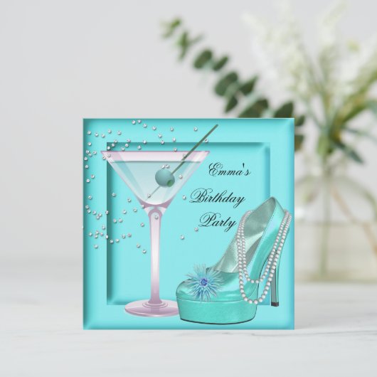 バースデーパーティアクアティール（緑がかった色）ブルーターコイズマルティーニ 招待状 (スタンド正面)