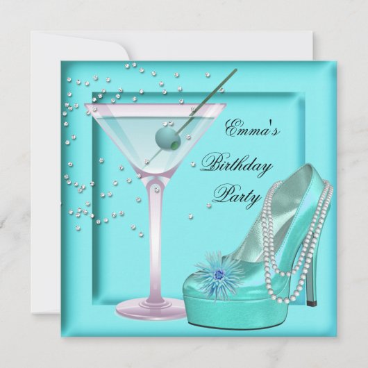 バースデーパーティアクアティール（緑がかった色）ブルーターコイズマルティーニ 招待状 (正面)