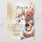 バースデーパーティカラフルフラワーズミュージック楽器 招待状 (正面/裏面)