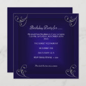 バースデーパーティグラマラス王室のネイビーブルーシルバー 招待状 (正面/裏面)