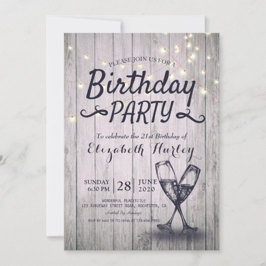 バースデーパーティシャンパングラスウッドストリングライト 招待状 (正面)