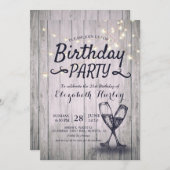 バースデーパーティシャンパングラスウッドストリングライト 招待状 (正面/裏面)