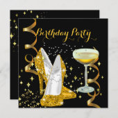 バースデーパーティシャンパン金ゴールドシューズ 招待状 (正面/裏面)