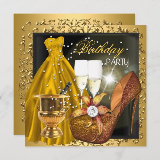 バースデーパーティゼブラ金ゴールドドレスガウン 招待状 (正面/裏面)
