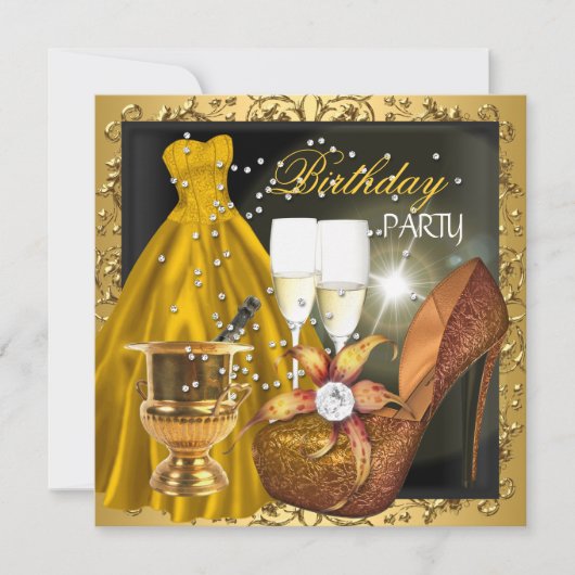 バースデーパーティゼブラ金ゴールドドレスガウン 招待状 (正面)