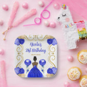 バースデーパーティダークスキンプリンセスイン青 ペーパープレート (パーティー)