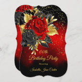 バースデーパーティバタフライレッドローズフローラ金ゴールド2 招待状 (正面/裏面)