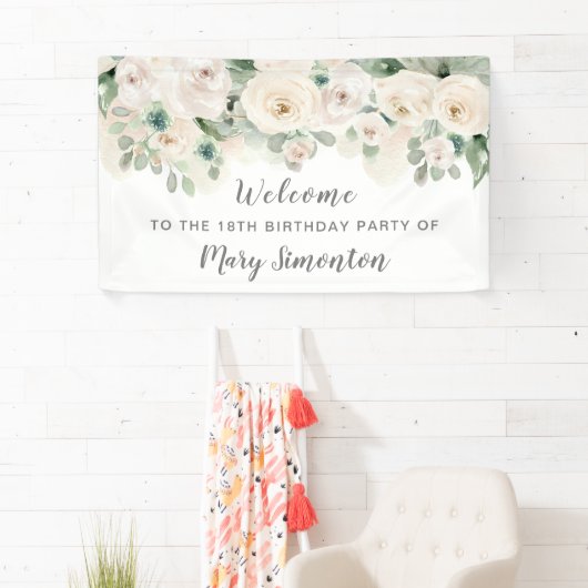 バースデーパーティバナー18thホワイトローズフローラ 横断幕 (インサイチュ)