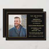 バースデーパーティフォトブラック金ゴールドカスタム 招待状 (正面/裏面)