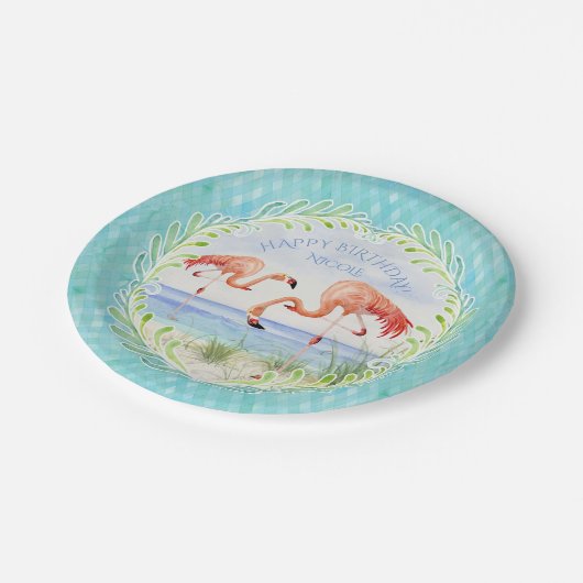 バースデーパーティフラミンゴビーチ海サンディショア ペーパープレート (アングル)