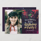 バースデーパーティブルゴーニュフローラパープルライツフォト 招待状 (正面/裏面)