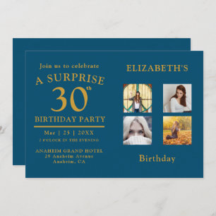 バースデーパーティブルー金ゴールドフォトコラージュ招待状 招待状