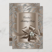 バースデーパーティベージュシルバーパールダマスク2 招待状 (正面/裏面)