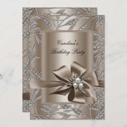 バースデーパーティベージュシルバーパールダマスク2 招待状 (正面/裏面)