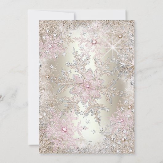 バースデーパーティベージュ金ゴールドピンクウィンターワンダーランド 招待状 (裏面)