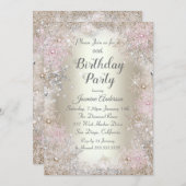 バースデーパーティベージュ金ゴールドピンクウィンターワンダーランド 招待状 (正面/裏面)