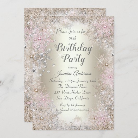 バースデーパーティベージュ金ゴールドピンクウィンターワンダーランド 招待状 (正面/裏面)