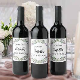 バースデーパーティラベンダー花模様ユーカリ ワインラベル