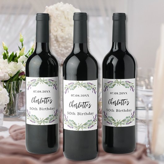 バースデーパーティラベンダー花模様ユーカリ ワインラベル