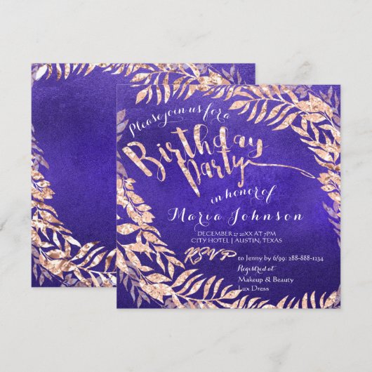 バースデーパーティリーフリースインディゴブルーバラ金ゴールド 招待状 (正面/裏面)