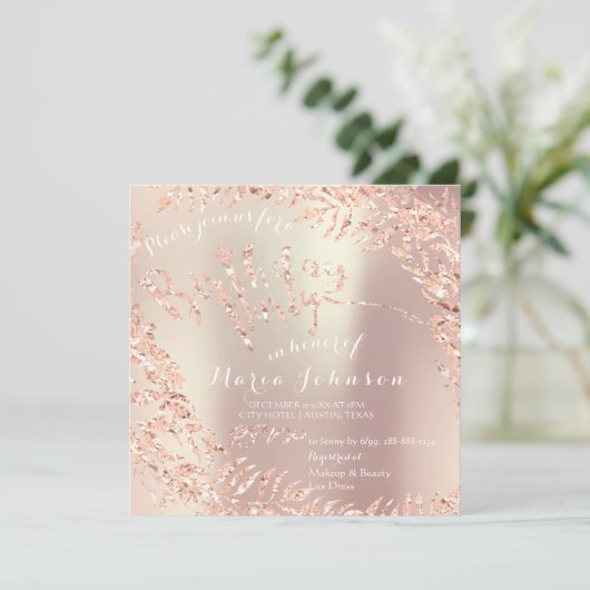 バースデーパーティリーフリースグリッターピンクローズ金ゴールド 招待状 (スタンド正面)