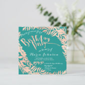 バースデーパーティリーフリースミントティール(緑がかった色)バラ金ゴールド 招待状 (スタンド正面)