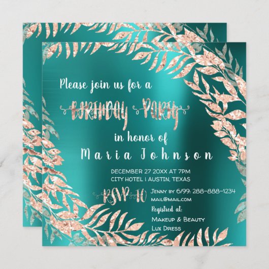 バースデーパーティリーフレスワラスグリッターバラ金ゴールドティール（緑がかった色） 招待状 (正面/裏面)